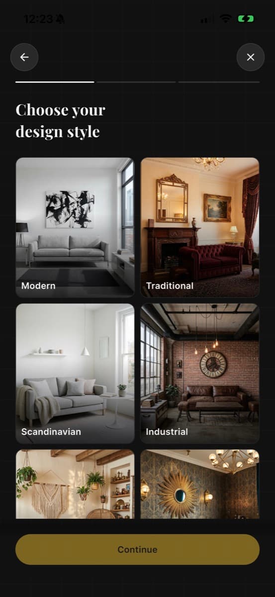 SpaceFlip design style selection screen